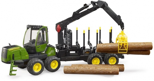 Jucarie Tractor forestier John Deere 1210E cu Graifer si 4 busteni Bruder