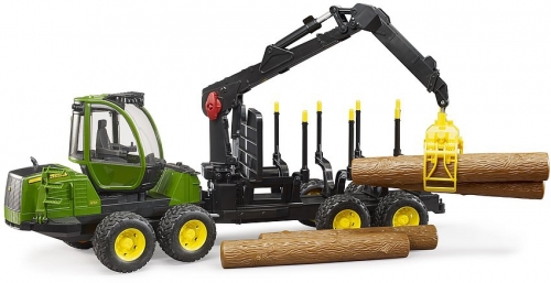Jucarie Tractor forestier John Deere 1210E cu Graifer si 4 busteni Bruder