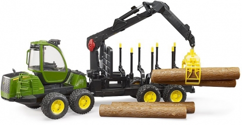 Jucarie Tractor forestier John Deere 1210E cu Graifer si 4 busteni Bruder