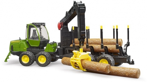Jucarie Tractor forestier John Deere 1210E cu Graifer si 4 busteni Bruder
