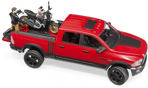Jucarie Masina de teren RAM 2500 cu motocicleta Scrambler Ducati Desert si sofer Bruder