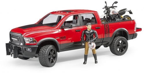 Jucarie Masina de teren RAM 2500 cu motocicleta Scrambler Ducati Desert si sofer Bruder