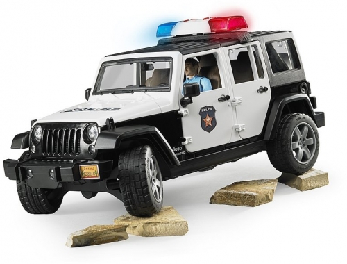Jucarie Jeep Wrangler Unlimited Rubicon de politie cu sirena si figurina Bruder 