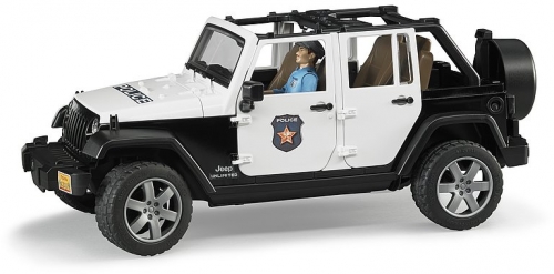 Jucarie Jeep Wrangler Unlimited Rubicon de politie cu sirena si figurina Bruder 