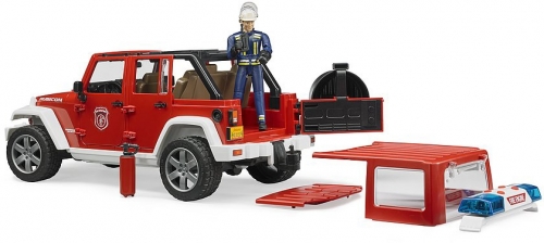 Jucarie Jeep Wrangler Unlimited Rubicon de pompieri cu figurina Bruder 