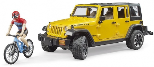 Jucarie Jeep Wrangler Unlimited Rubicon cu bicicleta si ciclist Bruder
