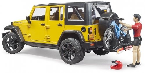 Jucarie Jeep Wrangler Unlimited Rubicon cu bicicleta si ciclist Bruder