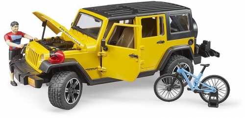 Jucarie Jeep Wrangler Unlimited Rubicon cu bicicleta si ciclist Bruder