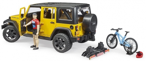 Jucarie Jeep Wrangler Unlimited Rubicon cu bicicleta si ciclist Bruder