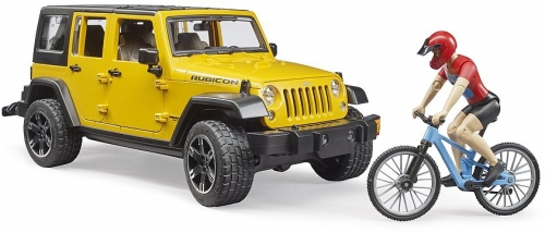 Jucarie Jeep Wrangler Unlimited Rubicon cu bicicleta si ciclist Bruder