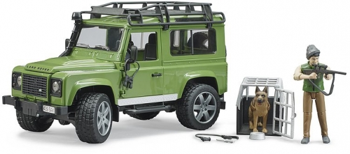 Jucarie Masina de teren Land Rover Defender cu padurar si caine Bruder