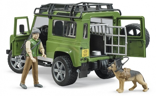 Jucarie Masina de teren Land Rover Defender cu padurar si caine Bruder