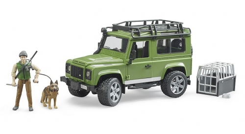 Jucarie Masina de teren Land Rover Defender cu padurar si caine Bruder