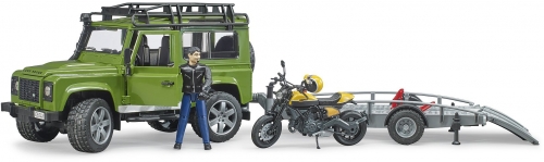 Jucarie Masina de teren Land Rover Defender cu remorca si motocicleta Ducati Bruder