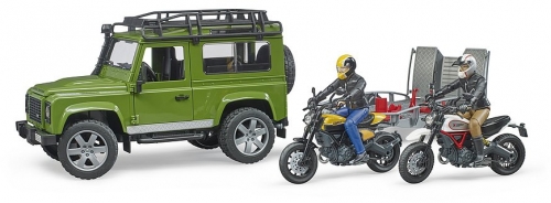 Jucarie Masina de teren Land Rover Defender cu remorca si motocicleta Ducati Bruder