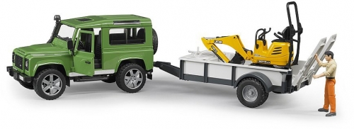 Set de joaca Masina de teren Land Rover Defender cu Remorca si Micro Excavator JCB cu muncitor Bruder