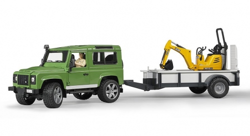 Set de joaca Masina de teren Land Rover Defender cu Remorca si Micro Excavator JCB cu muncitor Bruder 