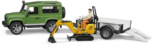 Set de joaca Masina de teren Land Rover Defender cu Remorca si Micro Excavator JCB cu muncitor Bruder
