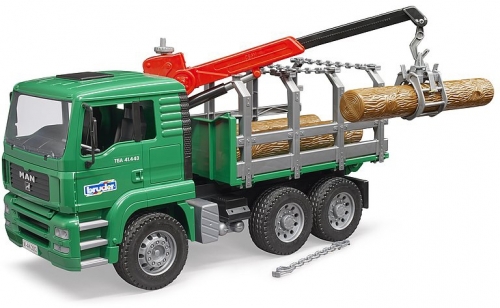 Jucarie Camion lemne MAN TGA cu macara de incarcare si 3 busteni Bruder