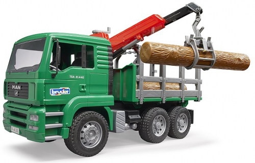 Jucarie Camion lemne MAN TGA cu macara de incarcare si 3 busteni Bruder