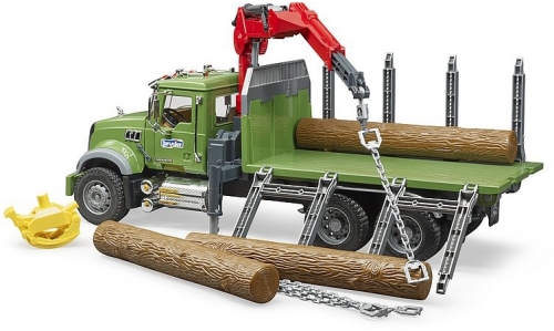 Jucarie Camion lemne Mack Granite cu macara de incarcare, grafier si 3 busteni Bruder 