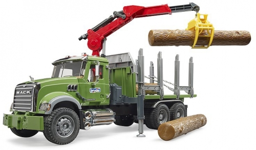 Jucarie Camion lemne Mack Granite cu macara de incarcare, grafier si 3 busteni Bruder 