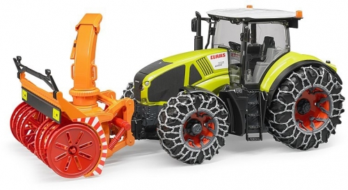Jucarie Tractor Claas Axion 950 cu lanturi si freza de zapada Bruder