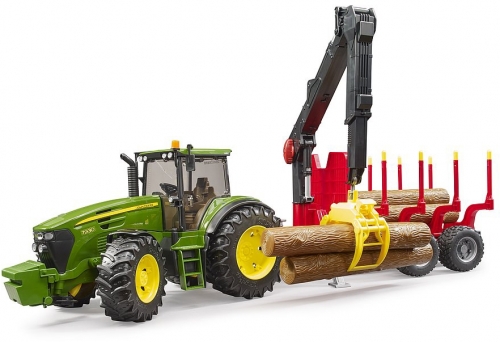 Jucarie Tractor John Deere cu remorca forestiera si 4 busteni Bruder