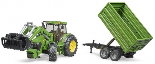 Jucarie Tractor John Deere 7930 cu incarcator frontal si remorca basculanta pe osie Bruder 