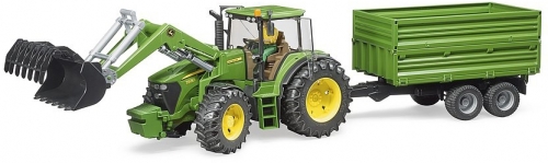 Jucarie Tractor John Deere 7930 cu incarcator frontal si remorca basculanta pe osie Bruder 