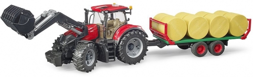 Jucarie Tractor Case IH Optum 300 CVX cu incarcator frontal si remorca transport cu 8 baloti Bruder