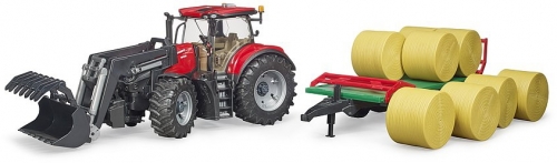 Jucarie Tractor Case IH Optum 300 CVX cu incarcator frontal si remorca transport cu 8 baloti Bruder
