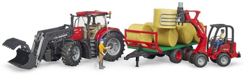 Jucarie Tractor Case IH Optum 300 CVX cu incarcator frontal si remorca transport cu 8 baloti Bruder