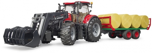Jucarie Tractor Case IH Optum 300 CVX cu incarcator frontal si remorca transport cu 8 baloti Bruder