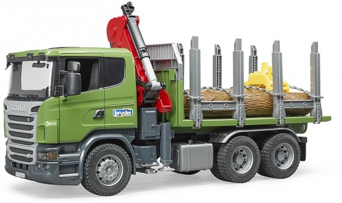 Jucarie Camion forestier Scania R-Series cu macara de incarcare, graifer si 3 busteni Bruder 