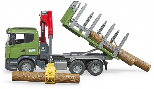 Jucarie Camion forestier Scania R-Series cu macara de incarcare, graifer si 3 busteni Bruder 