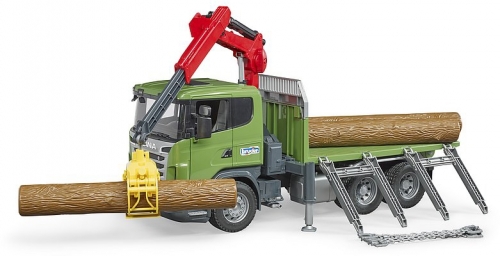 Jucarie Camion forestier Scania R-Series cu macara de incarcare, graifer si 3 busteni Bruder 