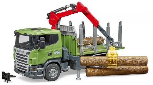 Jucarie Camion forestier Scania R-Series cu macara de incarcare, graifer si 3 busteni Bruder 