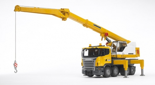 Jucarie Camion cu macara Scania R-Series Liebherr cu lumini si sunete Bruder