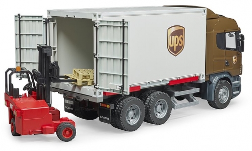 Jucarie Camion UPS Scania R-Series si stivuitor Bruder