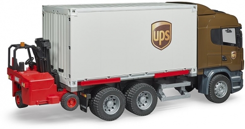 Jucarie Camion UPS Scania R-Series si stivuitor Bruder
