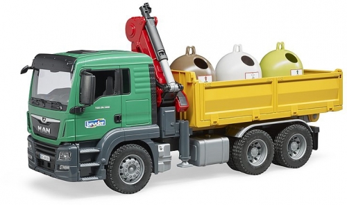 Jucarie Camion MAN TGS cu 3 containere de reciclat sticla Bruder