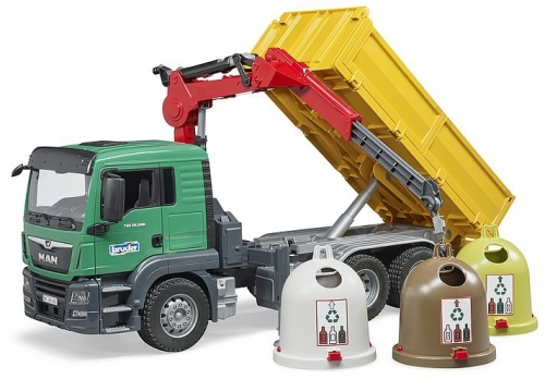 Jucarie Camion MAN TGS cu 3 containere de reciclat sticla Bruder