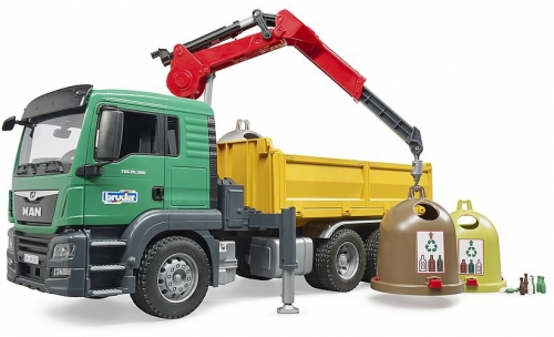 Jucarie Camion MAN TGS cu 3 containere de reciclat sticla Bruder