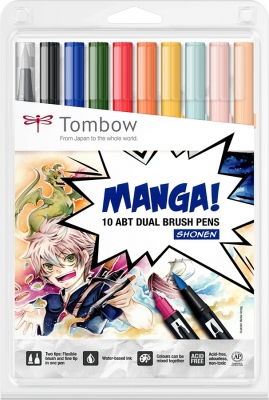 Marker caligrafic 2 in 1, ABT Dual Brush Pen, Manga Shonen, 10 culori/set Tombow