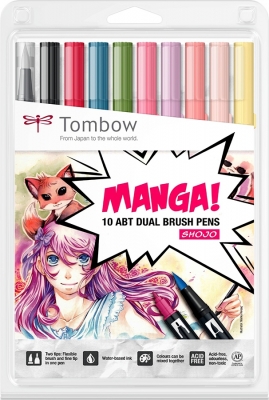 Marker caligrafic 2 in 1, ABT Dual Brush Pen, Manga Shojo, 10 culori/set Tombow