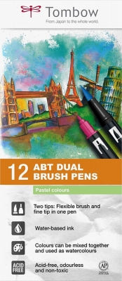 Marker caligrafic 2 in 1, ABT Dual Brush Pen, Pastel Colours, 12 culori/set Tombow