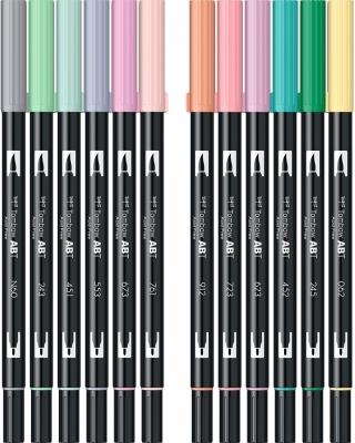 Marker caligrafic 2 in 1, ABT Dual Brush Pen, Pastel Colours, 12 culori/set Tombow