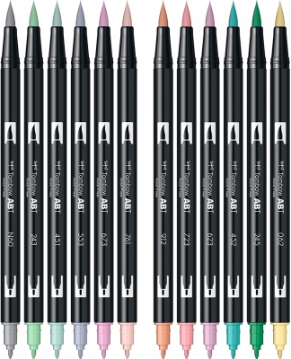 Marker caligrafic 2 in 1, ABT Dual Brush Pen, Pastel Colours, 12 culori/set Tombow