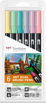Marker caligrafic 2 in 1, ABT Dual Brush Pen, Pastel Colours, 6 culori/set Tombow